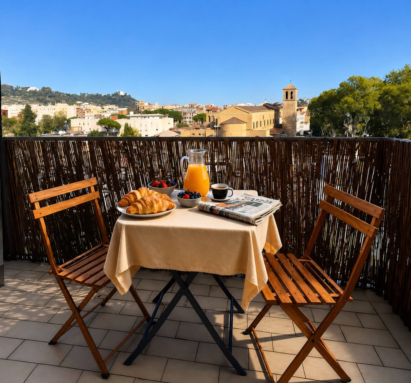 Terrazza con tavolo e vista su Roma di giorno